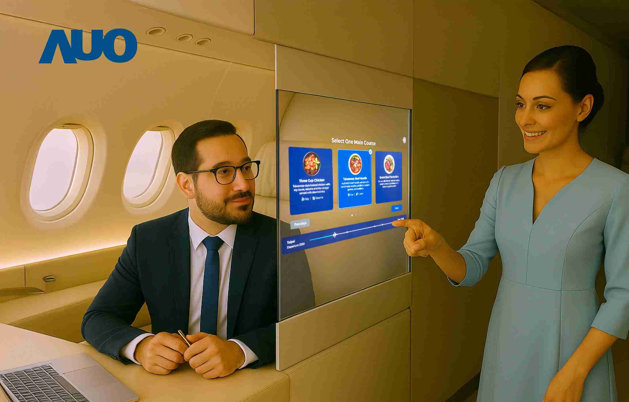 万利研发全球最薄17.3 吋双面透明 Micro LED 显示器，，，可在同一屏幕之双边投射不同信息，，，创造独特的”透明化”互动；图为实时翻译交流应用情境